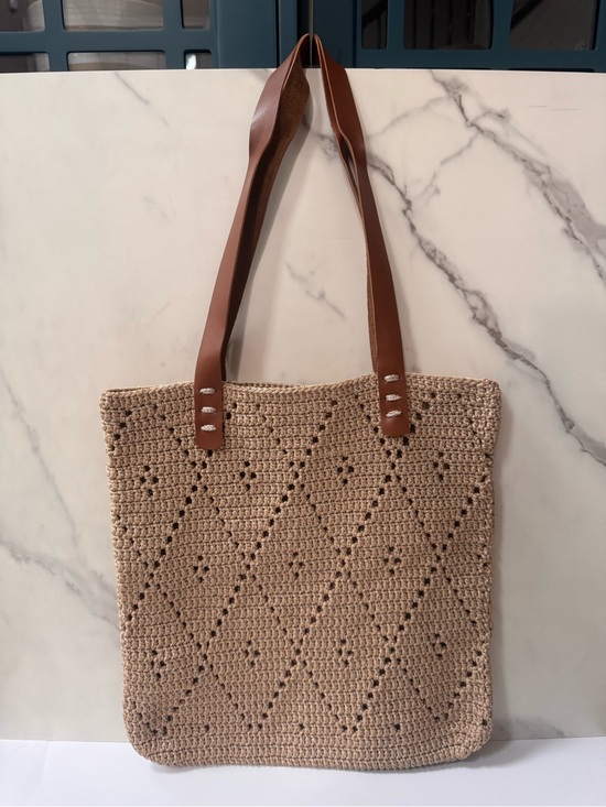 Handmade Handbags - Beige Crochet Tote with Brown Leather Straps